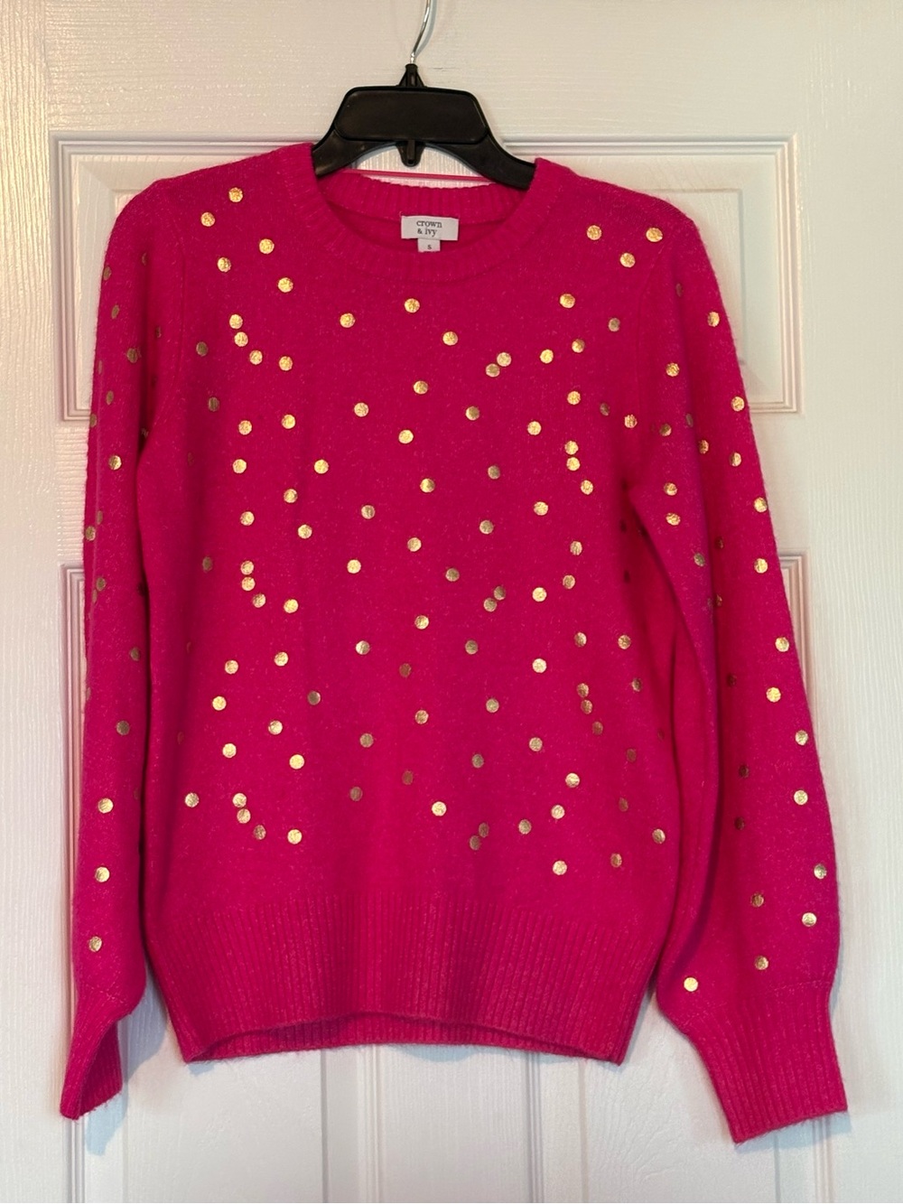 crown & ivy Hot Pink Crewneck Sweater with Gold Sequin Dots
